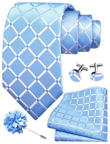 Image of GUSLESON 3.15 inch（8cm） Mens Tie and Lapel Pin Plaid Checkered Necktie Hankerchief Cufflinks Set for Men