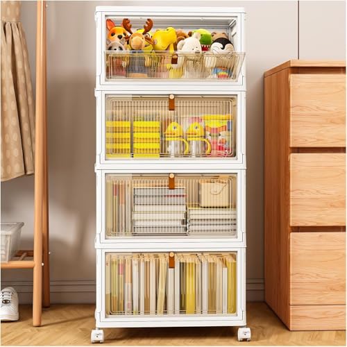 Image of TidyTrove Storage Boxes with Lid, 4-Tier Plastic Stackable Storage Boxes with 1 Lid 28L /Tier, Folding Storage Bins with Wheels, Storage Organizer for Bedroom Living Room Study Office