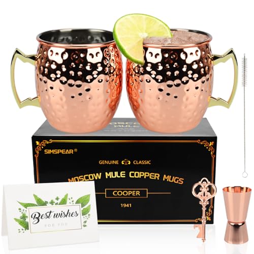 SIMSPEAR Bicchieri Moscow Mule Rame, 2 Tazze Moscow Mule Mug con 2 Bicchieri Cocktail, 1 Misurino, Bicchiere da Cocktail per Gustare Cocktail, Bibite Fredda, Birra, Vodka (18 OZ)
