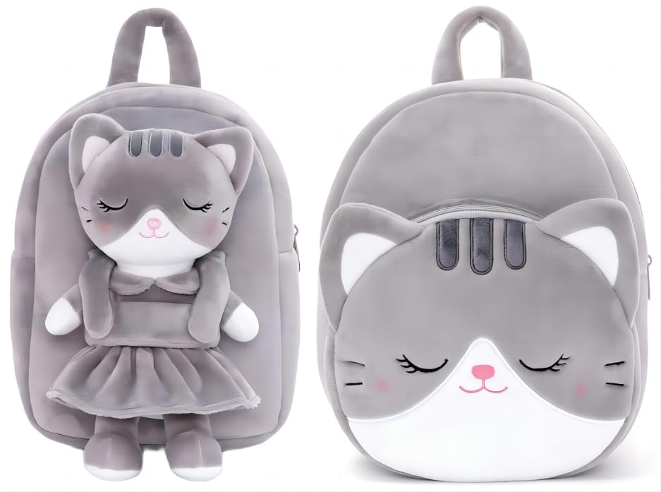 Lazada Children's Backpack Stuffed Animal cat Toy Small Backpack Gray and cat Children's Girl Backpack Katie cat Plush Bag Gray Bundled