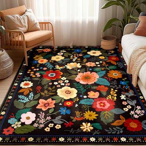 RELEANY Floral 5x7 Area Rug Machine Washable Soft Print Boho Carpet Non Slip Doormat Low Pile Flower Area Rugs for Living Room Bedroom Nursery Kitchen Dining Room Indoor-Black
