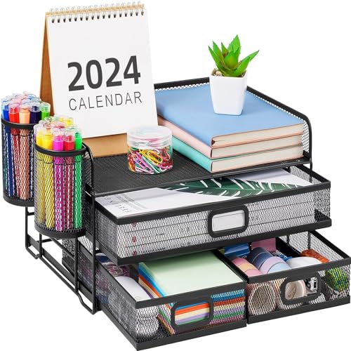 Marbrasse 3 Tier Mesh Desk Organizer with Drawer, Multi-Functional Desk Organizers and Accessories, Paper Letter Organizer with 2 Pen Holder for Home Office Supplies (Black)