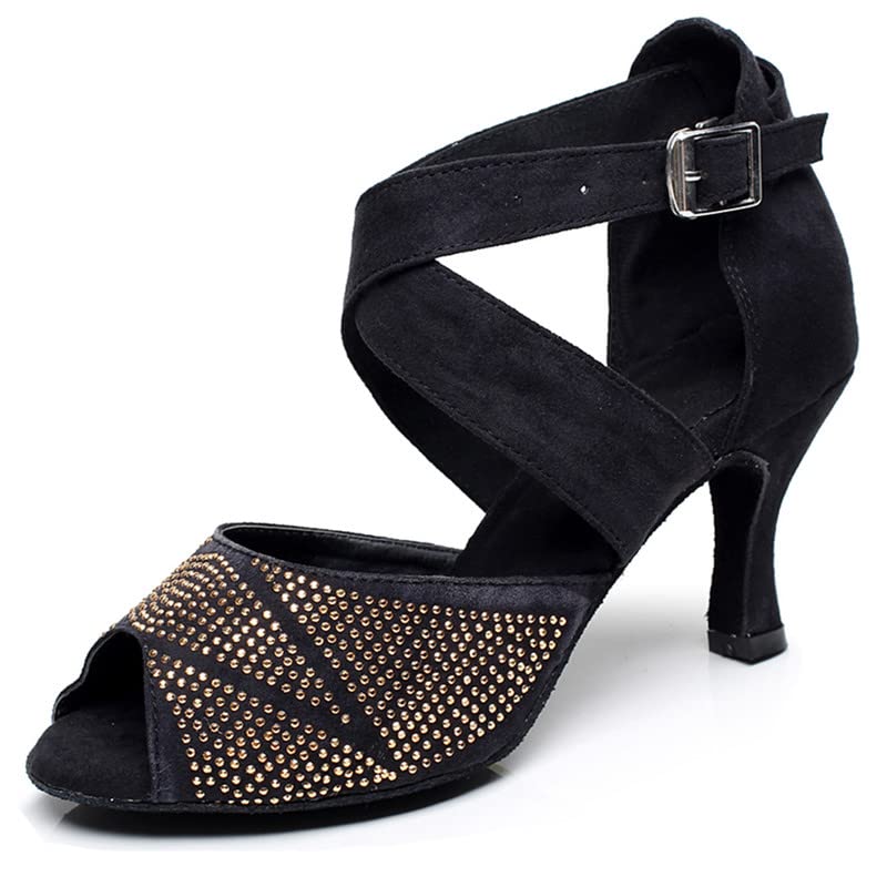 JUODVMP Buty do tańca towarzyskiego ze strasu damskie buty do tańca latynoskiego salsa bachata performance buty do tańca zamszowa podeszwa model QJW6232