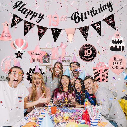 Image of 19th Birthday Decorations Rose Gold Pink Pre Strung Happy 19th Birthday Banner and Hanging Swirls for Girls 19 Year Old Party Decorations Supplies