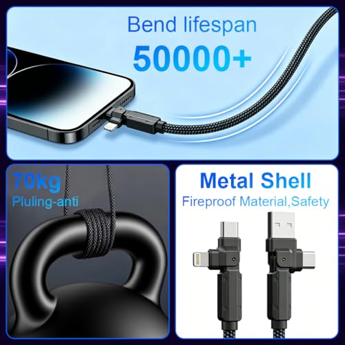 Image of Verilux 4-in-1 C Type Charger Cable 6.6FT, Multi PD 60W Type C Cable Fast Charging with 480Mbps Data Transmission, 90 L-Shaped Elbow & Nylon Braided for iPhone 17 /16 /15, Galaxy S26 /S25 /S24