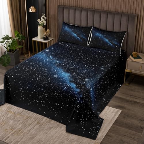 Manfei Glitter Galaxy Bedspread King,Mystery Outer Space Blue Black Quilted Coverlet 3pcs for Adults Teens Room Decor,Shining Starry Sky Cloud Bedding Quilt