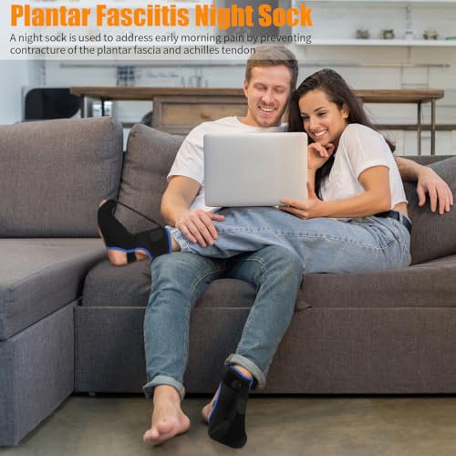 Plantar Fasciitis Night Splint Sock with Hand-Held Massage Tool Upgraded Soft Plantar Fasciitis Brace for Women Men for Achilles Tendonitis Foot Drop Heel Spur Pain Relief Black-Blue (Medium) - Image 5