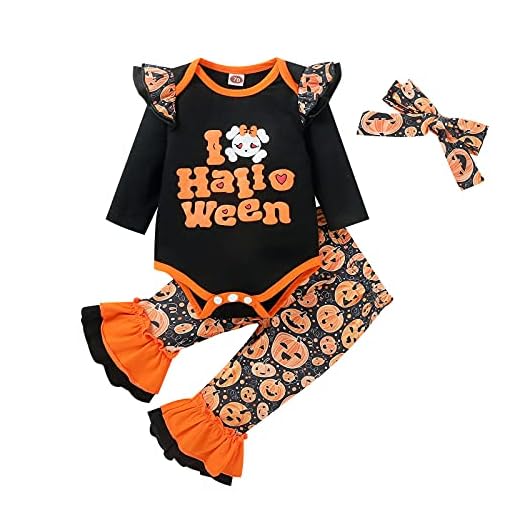BIBOKAOKE Unisex babykläder set med pannband halloween brev tryckt flugärm långärmad sparkbyxor pumpa-tryck utsvängda byxor 2 outfits småbarn festlig fritidsoverall, Svart 25, 100