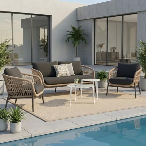 Image of Amazon Brand - Solimo Outdoor 4 Seater Sofa Set | Balcony Sofa | Patio Furniture Sets | Conversation Sets | Braid & Rope Garden 4 Seater Sofa Set with Center Table (Tan-White)