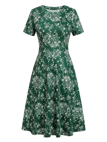 Image of Women's 2026 Fit and Flare Dress Summer Casual Elegant Vintage Floral Printed Work Party A-line Dress with Pockets 162