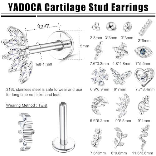YADOCA 16Pcs 16G Tragus Piercing Jewelry Hypoallergenic Surgical Steel Tragus Earrings Internally Threaded Flat Back Medusa Labret Lip Conch Cartilage Stud Earrings for Women2
