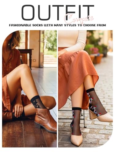 Image of Campsis Floral Sheer Ankle Socks Patterned See Through Socks for Women | Black Dress Sock Candy Sheer Socks Transparent Nylon Socks