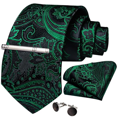 Image of DiBanGu Paisley Ties for Men Silk Necktie and Pocket Square Cufflinks Tie Clip Set Woven Classic Mens Tie for Wedding Party