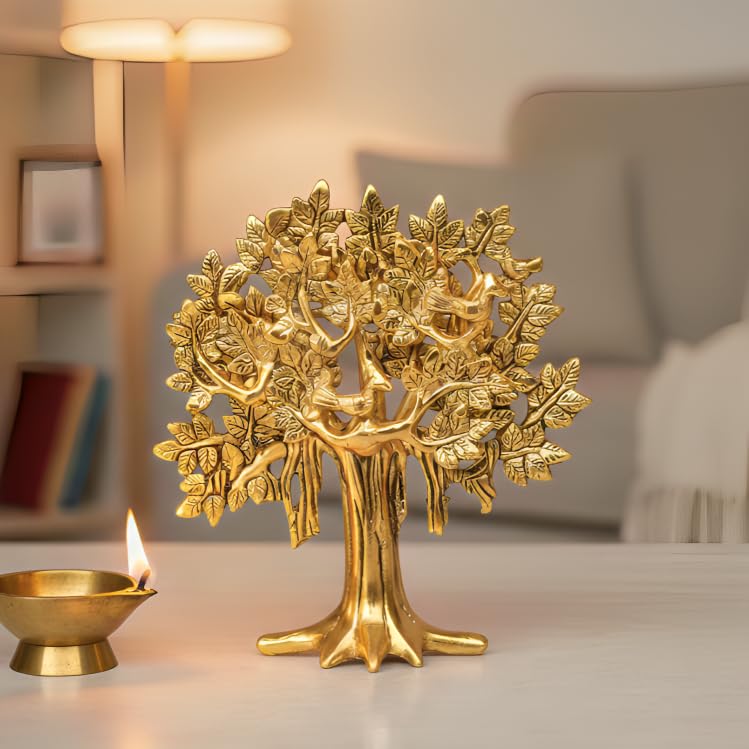 Image of Metal Kalpavriksha Tree for Home Decor - Golden Wish Fulfilling Tree Metal Showpiece for Temple, Vastu, Office Table & Gifting Banyan (No 2 Golden)