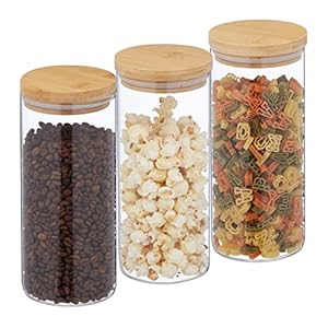 Relaxdays Set da 3 Barattoli per Alimenti con Coperchio in bambù, Recipienti in Vetro, 1300 ml, Trasparente Naturale, 60% 30% 10% Silicone