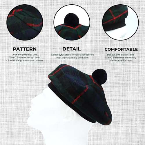 Image of Scottish Tam O' Shanter Hat Tartan Bonnet Pom Pom Wool Flat Cap One Size