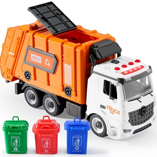 JOYIN Müllwagen Spielzeug ab 3 4 5 6 Jahre Kinder Junge und Mädchen, Müllauto Spielzeug, Müllabfuhr Auto Kinder mit Mülleimer, Licht und Sounds, Schraubendreher Spielzeug, für DIY Montage (orange)