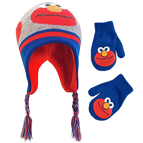 Sesame Street Winter Hat, Gloves or Toddlers Mittens, Elmo Baby Beanie for Boy Girl Ages, Blue/Grey/Orange, Kids Age 2-4