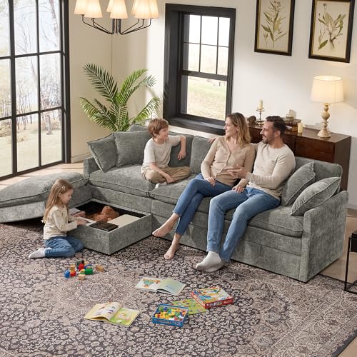 Image of Ihanherry 103 inch Modular Sectional Sofa with Storage, L Shaped Cloud Couch with Movable Ottomans & Throw Pillows, Chenille Deep Seat Sectional Couches for Living Room, Apartment (Grey)