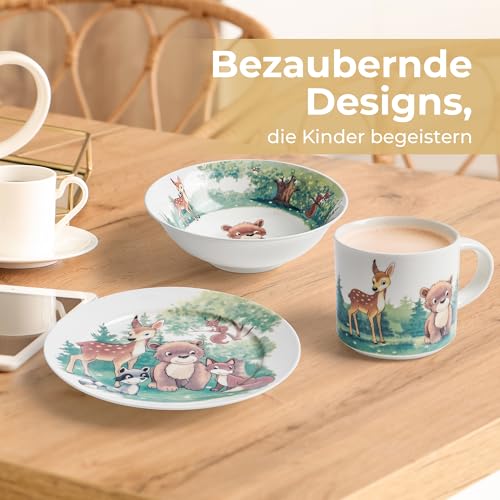 MIAMIO - 3er-Set Kindergeschirr/Porzellan Kinderbesteck, Kindergeschirr-Set aus Porzellan - Inklusive Teller, Schüssel und Tasse - Für Kinder und Kleinkinder (Wald)