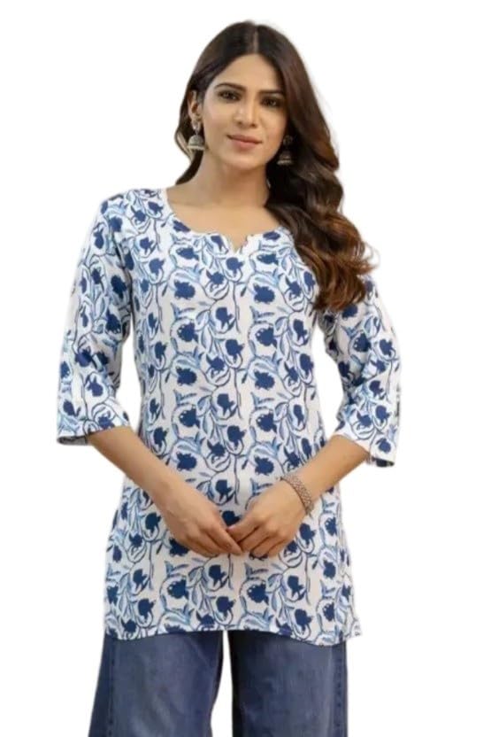 Image of Women's Short Kurti in Multicolor Rayon Cotton Blend | Ladies Ethnic Tunic | Office