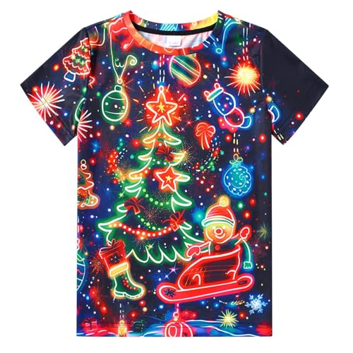Image of uideazone Christmas Neon Tshirts for Boys Kids 13T Christmas Tree Short Sleeve T-Shirt 3D Graphic Print Snowman Tee Shirts 13-14 Years