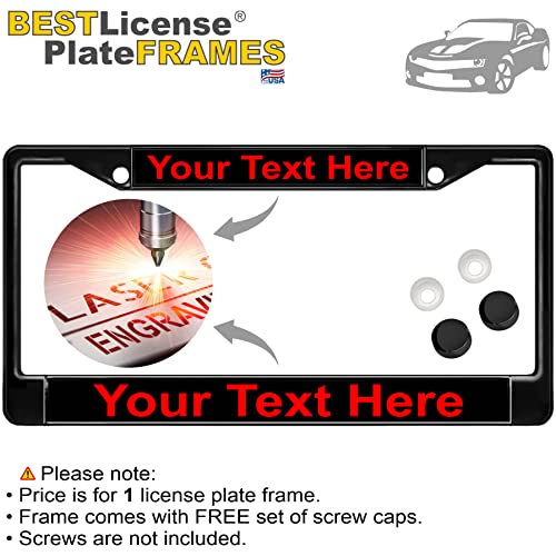 Image of Custom Personalized Black Powder-Coated Metal Laser Engraved Standard Size - Car /Automobile License Plate Frame with Free caps - Black /Red Text (Qty: 1 Frame)