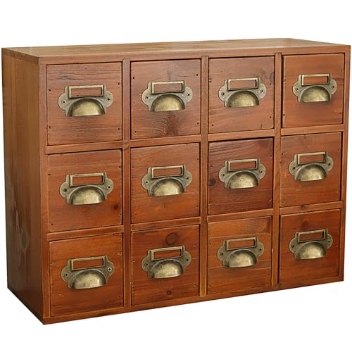 12-Drawer Apothecary Cabinet - Index Card Organizer - Mahogany Wooden Card Catalog - Fits Standard US 3x5in Index Cards - Vintage Desktop Drawer Organizer for Tea, Herbs, and Office Supplies