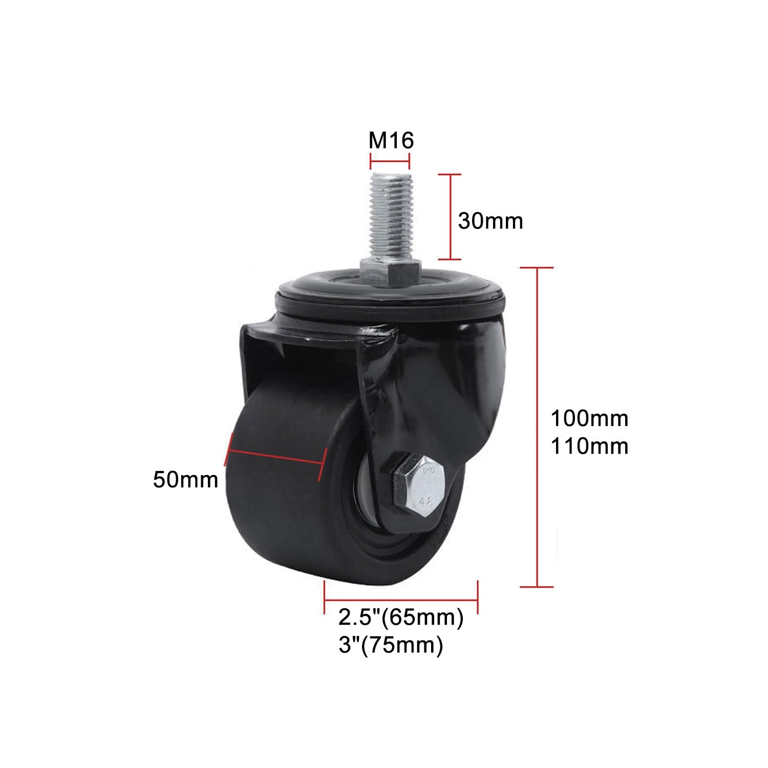 Set di 4, Ruote Piroettanti per Mobili da 65/75 mm, M16 Stelo Filettato, con Freno, Ruota Industriali per Carichi Pesanti, Ruote di Trasporto in Nylon(Swivel,2.5inch)