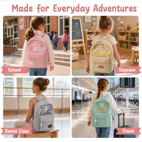 Image of Daycare Backpack Personalized Kids Corduroy Backpack with Cotton Rope Name | Custom Toddler Backpacks for Girl Boy, Cute & Durable Travel Kindergarten Sleepover Diaper Bag, Back to School Birthday Gifts
