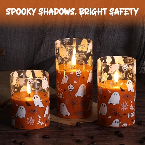 Image of Orange Ghost Halloween Flameless Pillar Candles with Remote Set of 3
