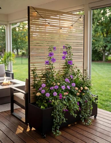 Hochbeet mit Sichtschutz, Metall Pflanzkasten mit Rankgitter und Rollen, freistehender Pflanzkübel 33cm tief, wetterfest für Blumen und Kletterpflanzen - Ideal für Garten, Balkon und Terrasse