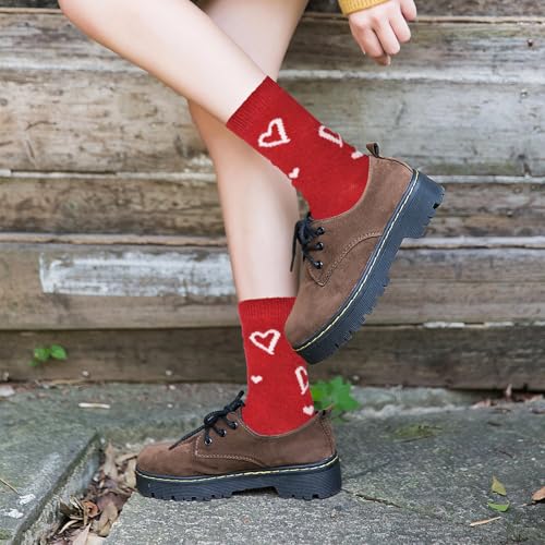 Image of Women's Merino Wool Dress Socks - Thin, Warm, Hiking Crew & Cute Heart /Cat 6 /5 Pairs