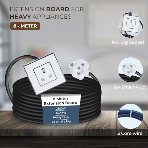 Image of Extension Board Heavy Duty Multi Socket 15A /16A /20A (2500 Watts 6A Small Plug, 8 Meter)
