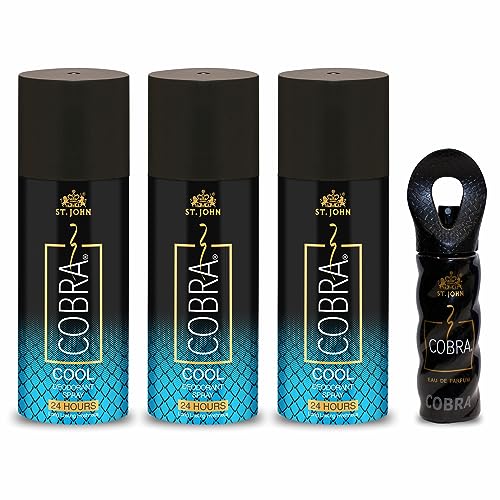 ST.JOHN COBRA Perfume Body Spray For Men & Women | Irresistible Scent Fresh and Soothing Long lasting Deo Cool Each 150 ml Pack of 3 + Cobra Perfume 15Ml (Pack of 4)