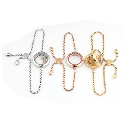 25Mm 30Mm 316L Stainless Steel Locket Bracelet Floating Charms Locket Clear Glass Locket With Adjustable Chain 2M4Y4 (25 Rose Gold Plain) #TOP11