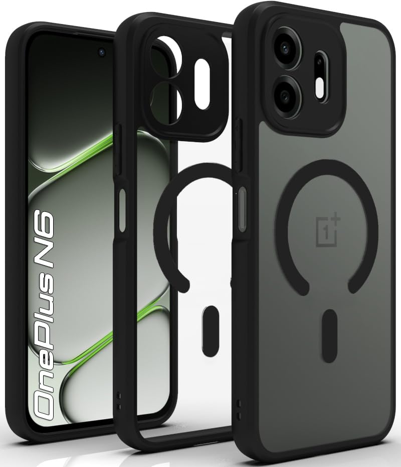 Image of RIGGEAR Shockproof Sleek Hybrid Armor Magnetic Back Cover Case Compatible with MagSafe Accessories for OnePlus N6 5G (Clear PC + Black TPU Bumper)