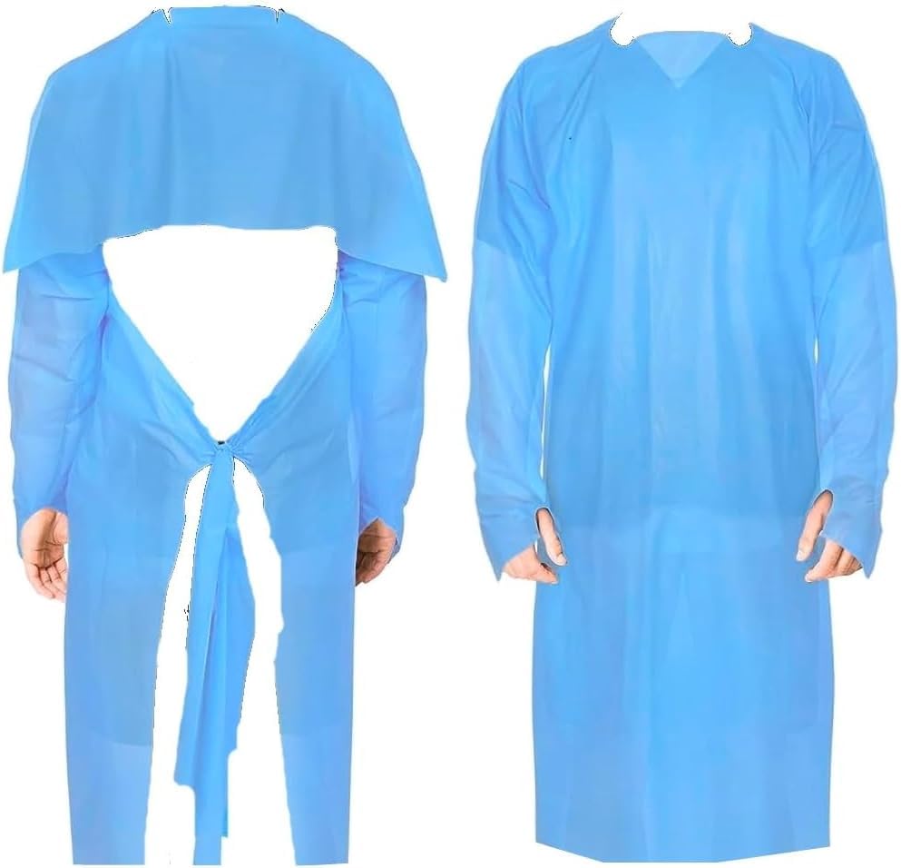 Disposable Waterproof PPE Isolation Gown with Waist Ties, Thumb Loops,100, Blue, One Size fits All