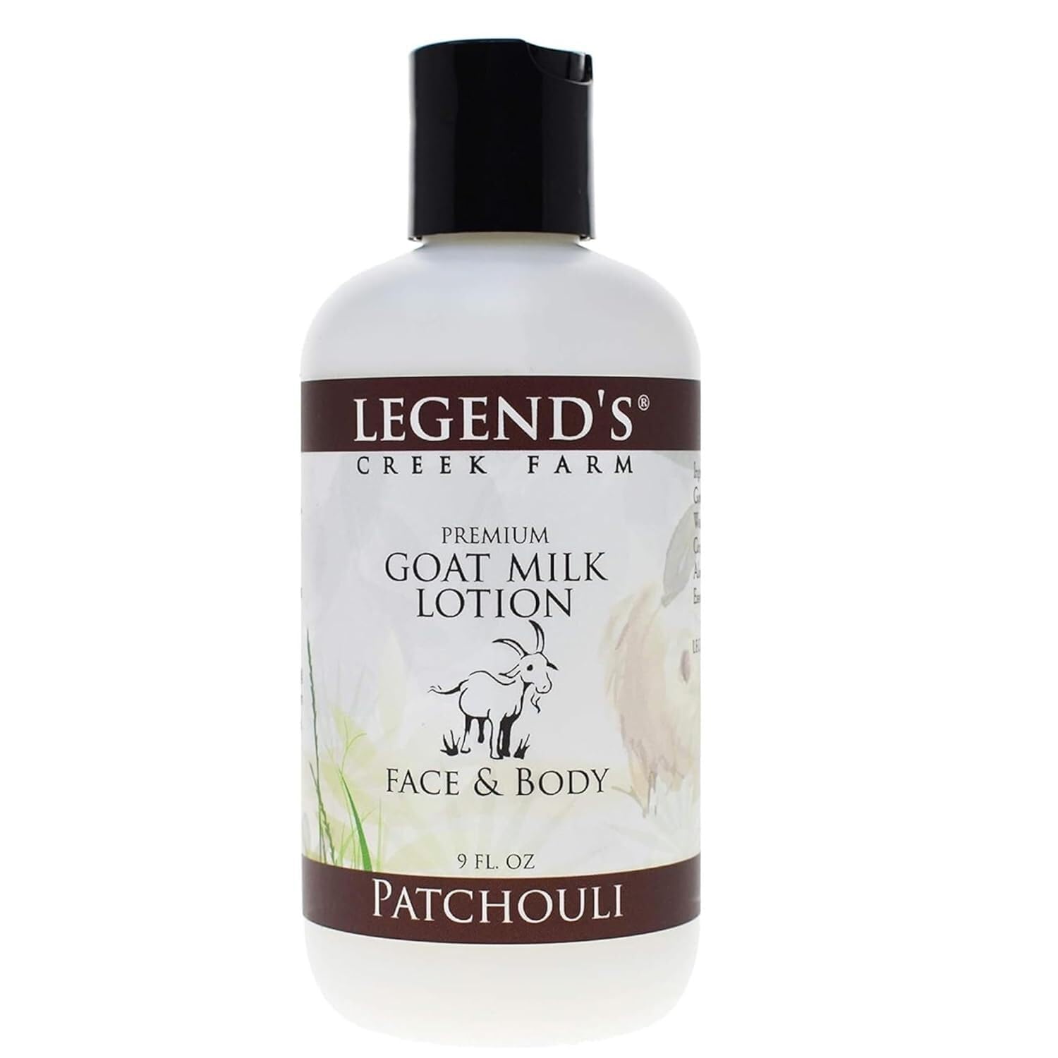 Legend's Creek Farm Goat Milk Lotion - Deeply Moisturizing Goat Milk Body Lotion for Body, Hand & Face - 9 oz Body Moisturizer with Shea Butter, Sunflower Oil, Aloe, Handmade in USA (Patchouli L.)