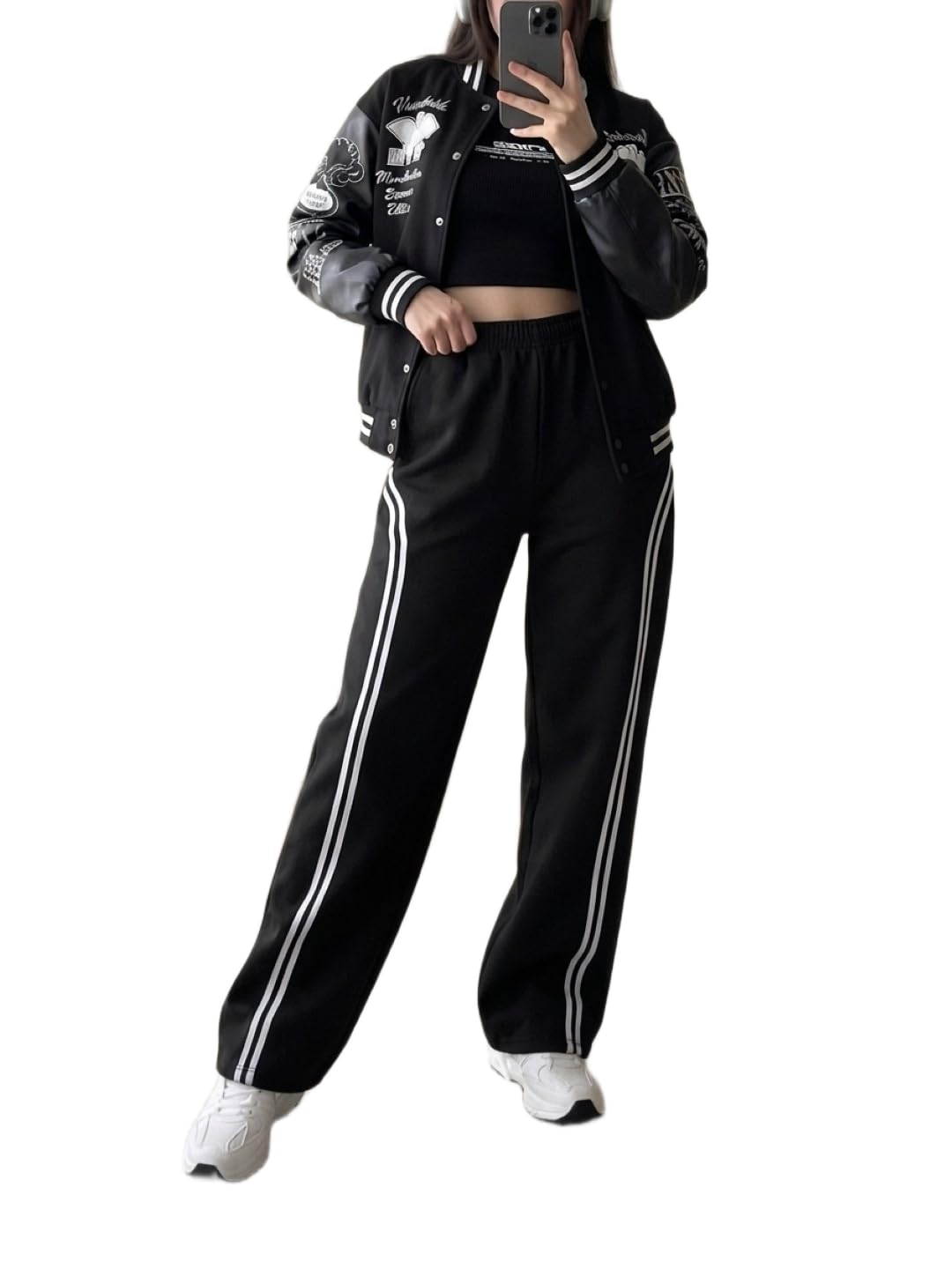 Women's Black Wide Leg Track Pants | Contrast Side Stripe Elastic Waist Trouser-picture-33