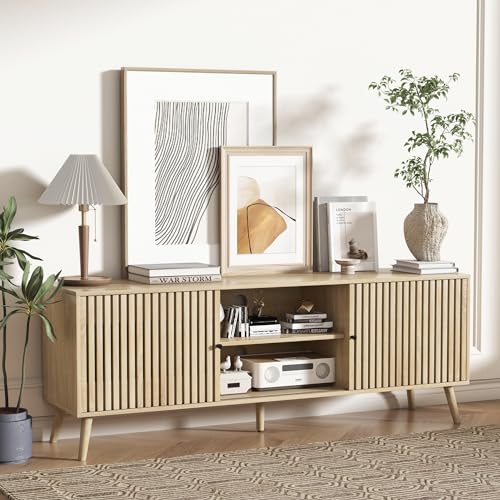 TV Stand for 55/65/70 Inch TV,Bamboo Entertainment Center with Natural Rattan Door, Large Long Boho Media TV Console with Open Shelves Living Room Bedroom