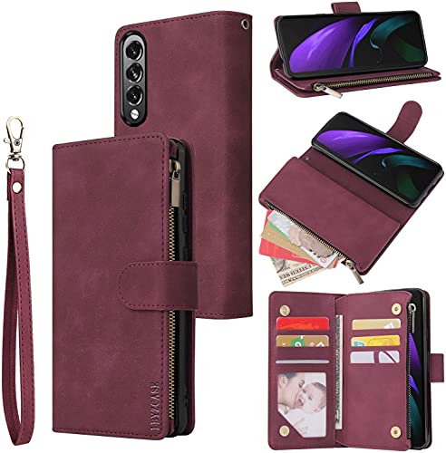 LBYZCASE Phone Case for Galaxy Z Fold 3 5G(2021),Galaxy Z Fold 3 Wallet Case,Luxury Folio Flip Leather Cover[Zipper Pocket][Wrist Strap][Kickstand] for Samsung Galaxy Z Fold 3 5G (Wine Red)