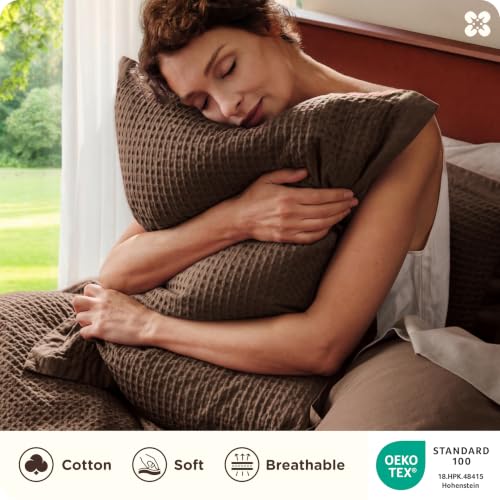 Image of Bedsure Cotton Duvet Cover Queen Size - 100% Cotton Waffle Weave Chocolate Brown Duvet Cover Queen Size, PureWoven Breathable Bedding Set for All Season, 3 Pieces, 90 inchx90 inch