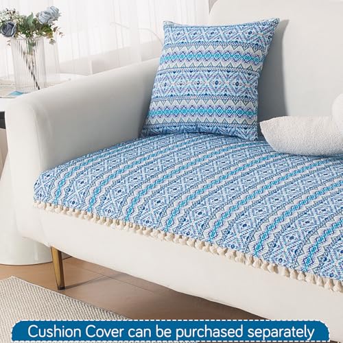 Image of HOKIPO L Shape (2+2 Seater) Sofa Cover Seat Mat | 300 GSM Cotton Acrylic Jacquard Fabric with Tassel, 'Trivana Series' Aqua Blue (IN-934+935-J7)