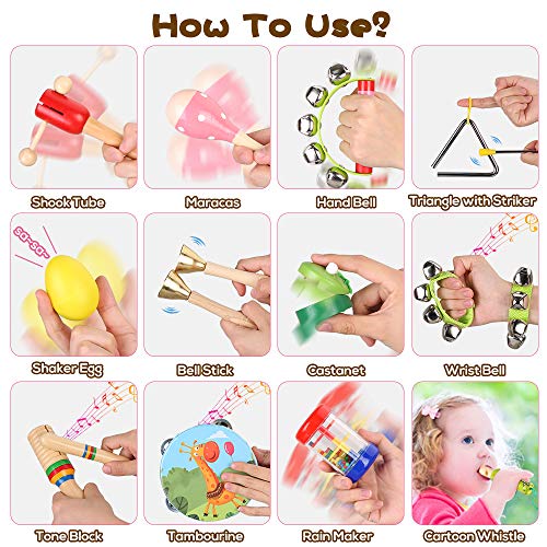 Kids Wooden Musical Percussion Instruments Sets, 23PCS 12 Types Multifunctional Percussion Instruments Toys with Carrying Bag Preschool Education Learning Musical Gifts for Toddlers Boys Girls