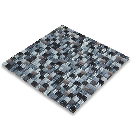 Stone Center Online Brown Grey Light Blue Glass Mix Nero Marquina Marble 5/8 Square Mosaic Tile Kitchen Bath Wall Floor Backsplash Shower (1 Sheet) #TOP2