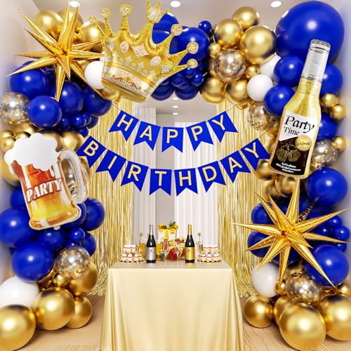 121pcs Royal Blue Gold Birthday Party Decorations with Happy Birthday Banner Foil Balloons for 16th 18th 21st 24th 32th 40th 50th 60th Birthday Decorations for Men