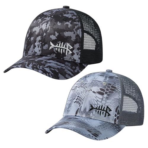 Image of BASSDASH 2 Pack Altimate Fishing Hunting Hat Mesh Back for Men Women Adjustable Baseball Trucker Cap Camo Blaze Orange