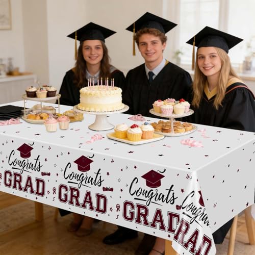 Image of Oigco 2 Pack Maroon Graduation Tablecloths, Graduation Decorations Class of 2026, Congrats Grad Plastic Table Cloths for Graduation Party Decorations, 54 x 108 Inch