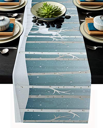 White Elks Forest, Table Runner-Cotton Linen-Long 13x108 Inch Dresser Scarves, Christmas Winter Snow Tablerunner for Kitchen Coffee/Dining/End Table Bedroom Home Living Room,Scarf Decor for Holiday